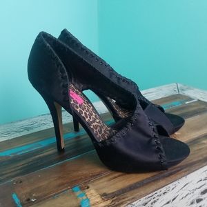 Betsey Johnson Black Satin Open Toe  Heels size 10